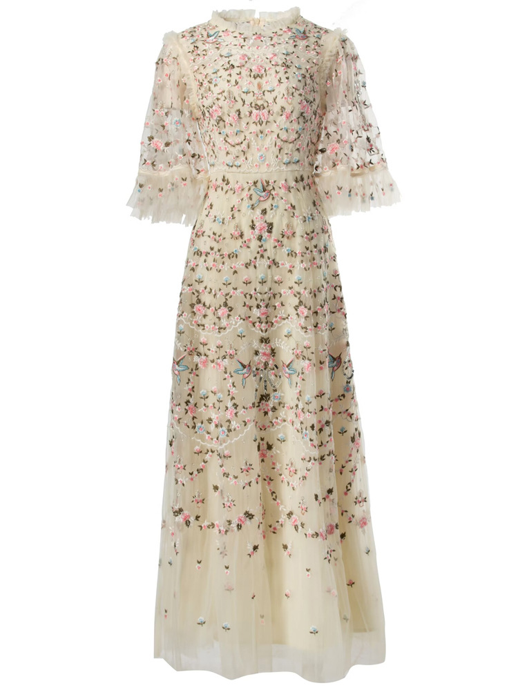 4xl 3xl 2xl Long Evening Dress 2024 Summer Women Allover Luxurious Embroidery Flare Sleeve Black Grey Apricot Maxi Long Dress