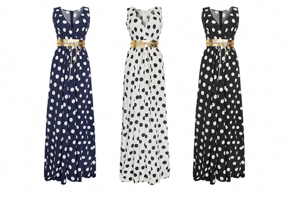 2021 Sundress Summer Women Causal Polka Dot Sleeveless High Pleated Elastic Waist V-Neck Beach Dress with Belt