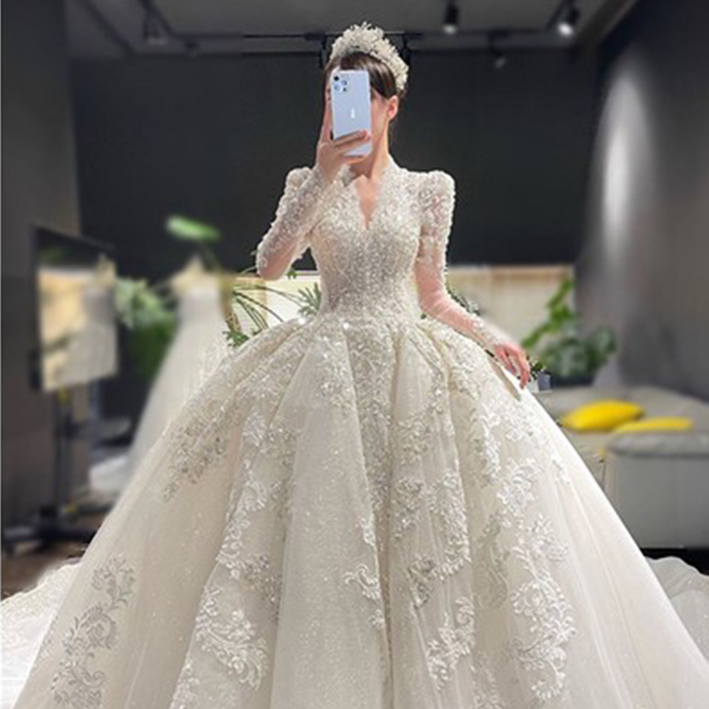 Long Sleeve Beading Evening Gown Elegant Wedding Dresses Full Bridal Gown