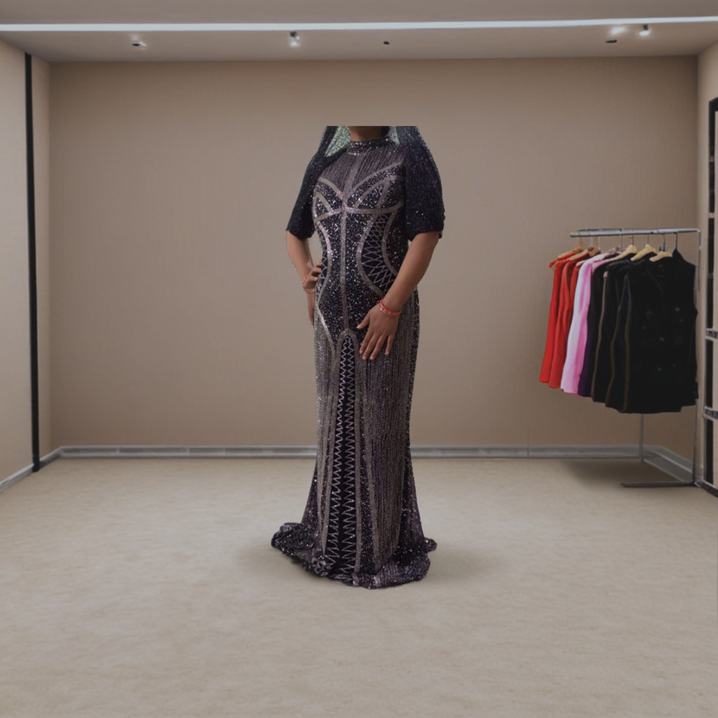 New Design Women High Neck Mid Length Mermaid Evening Dress High Waist Long Sleeve Shiny Sequin Cotton Party Dress