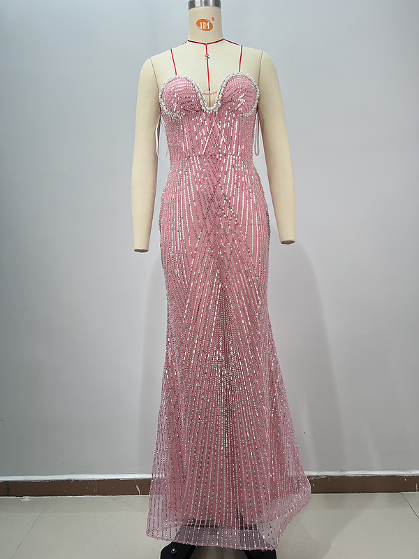 A9855   Pink Women Maxi Gown Dress Beaded Ladies Long Evening Dress