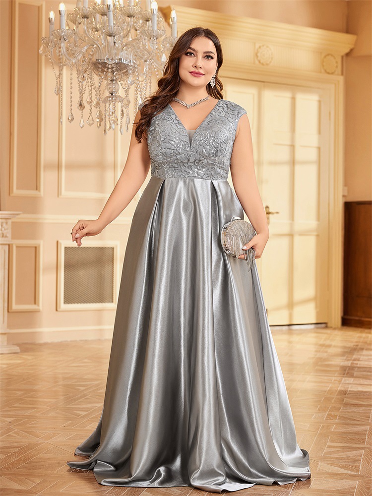 - New Plus Size Fat Woman Outfit Sleeveless V Neck Elegant Satin Lace Banquet Evening Dress