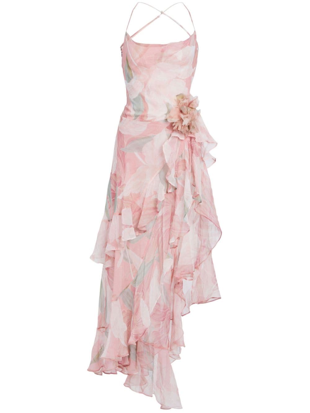 Asymmetry Cowl Neck Floral Printed Ruffled Silk Sundress Midi Dress Women Dress