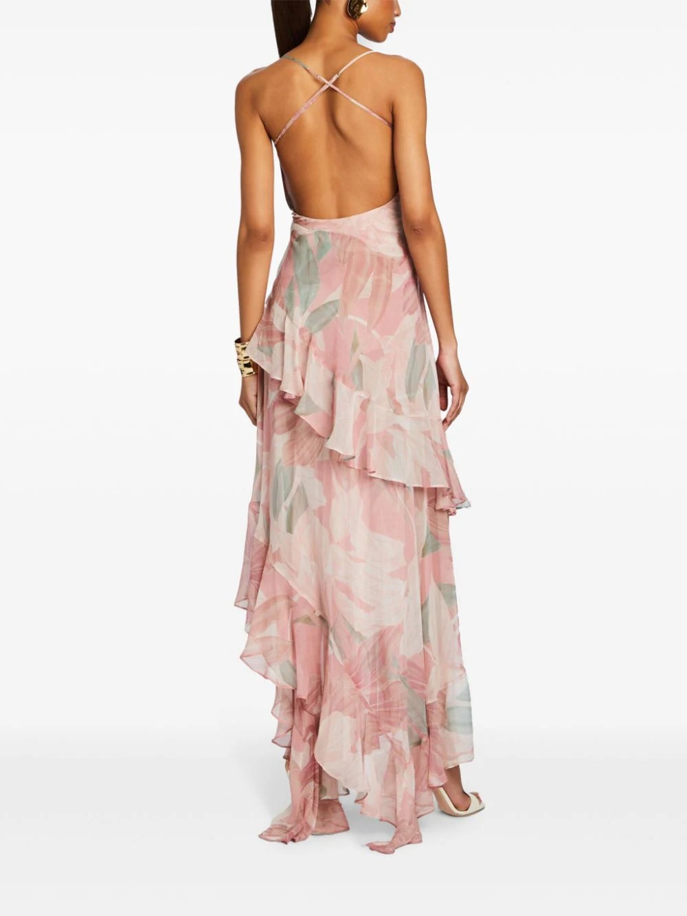 Asymmetry Cowl Neck Floral Printed Ruffled Silk Sundress Midi Dress Women Dress