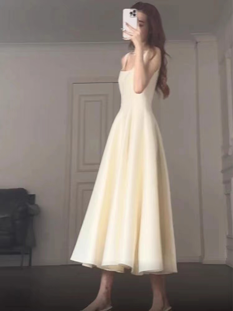 French Styles Women's Dresses Elegant Square Neck Evening Party Princess Dress