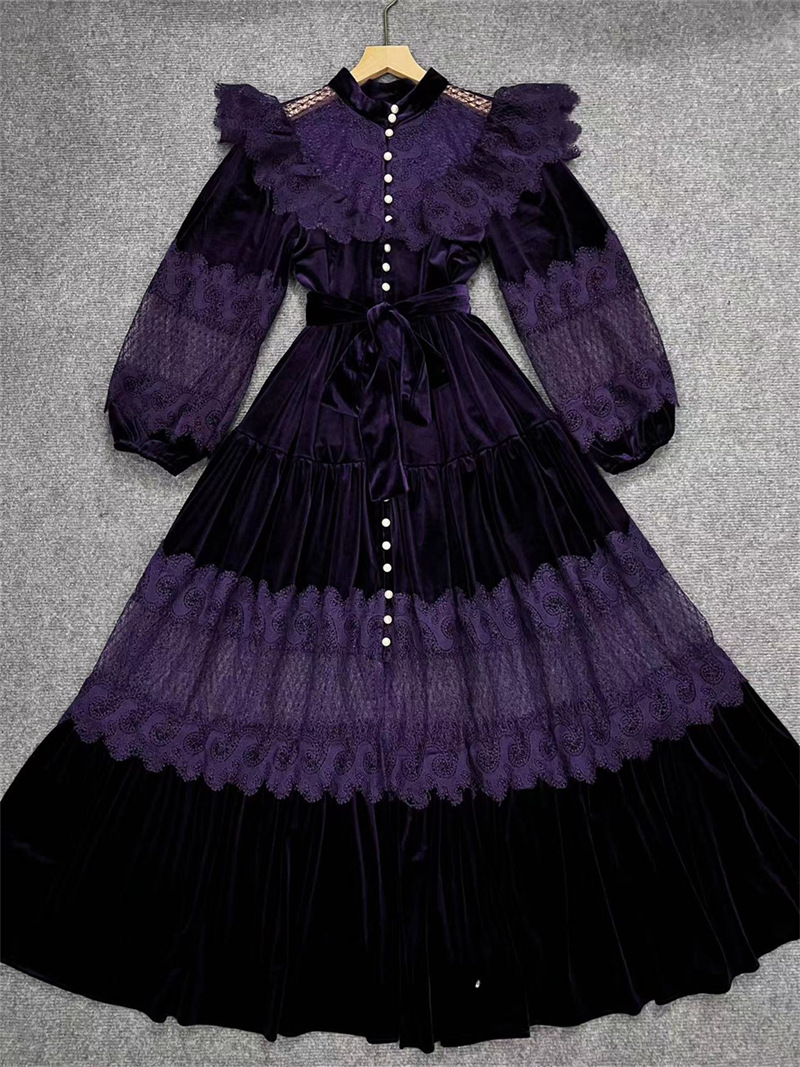 2023 New Fashion Long Sleeve Velvet Lace Dress With Large Skirt and Decorate With Pearl Elegant Maxi Long Sleeves Dress