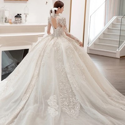 Long Sleeve Beading Evening Gown Elegant Wedding Dresses Full Bridal Gown