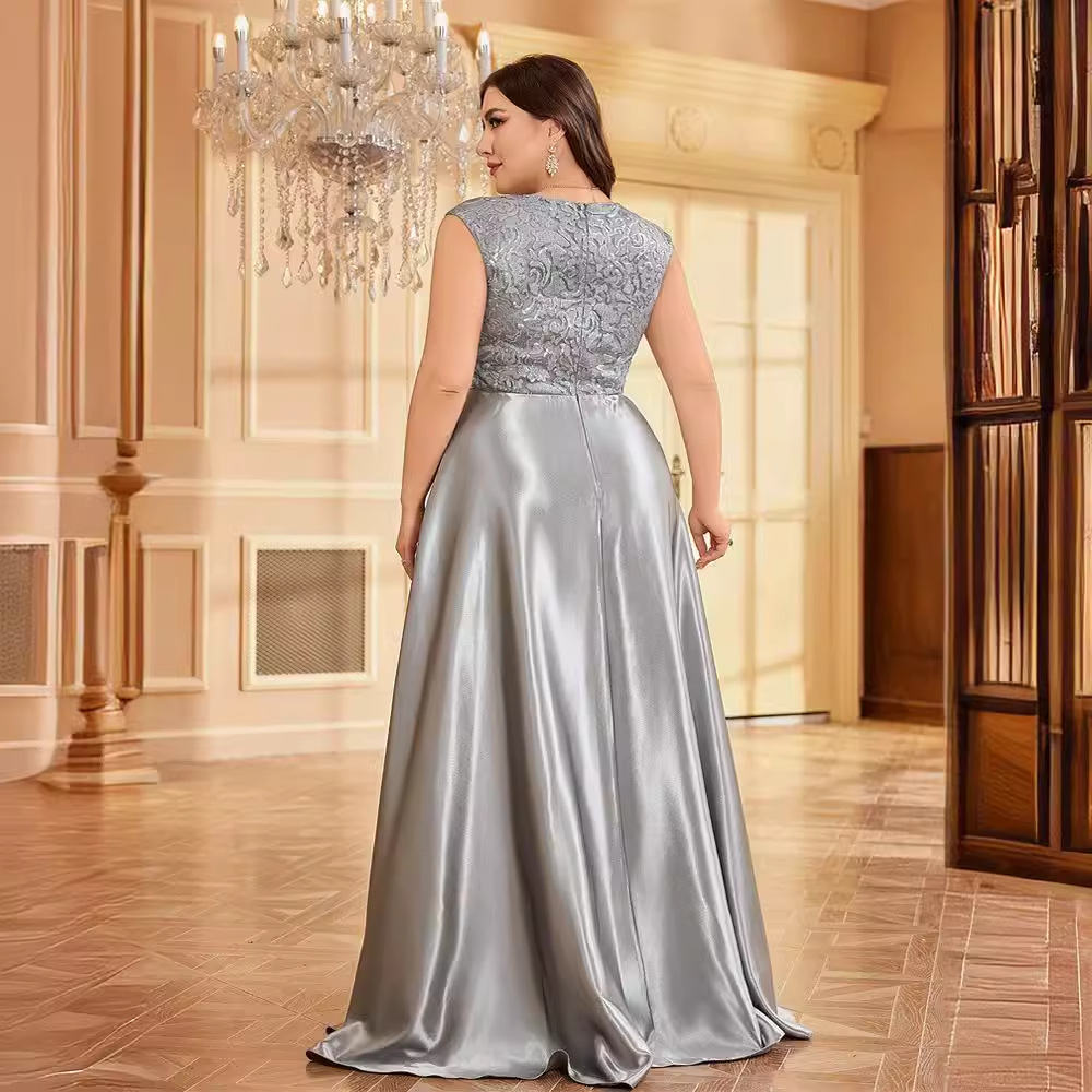 - New Plus Size Fat Woman Outfit Sleeveless V Neck Elegant Satin Lace Banquet Evening Dress