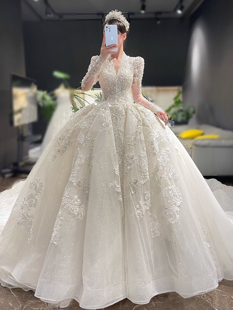 Long Sleeve Beading Evening Gown Elegant Wedding Dresses Full Bridal Gown