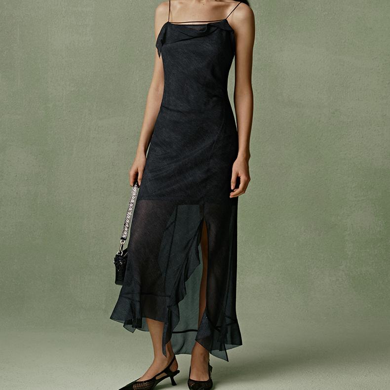 ised New Summer Sleeveless Ruffle Midi Dress Blended Fabric Breathable Print Pattern Sweet Suspender Dress