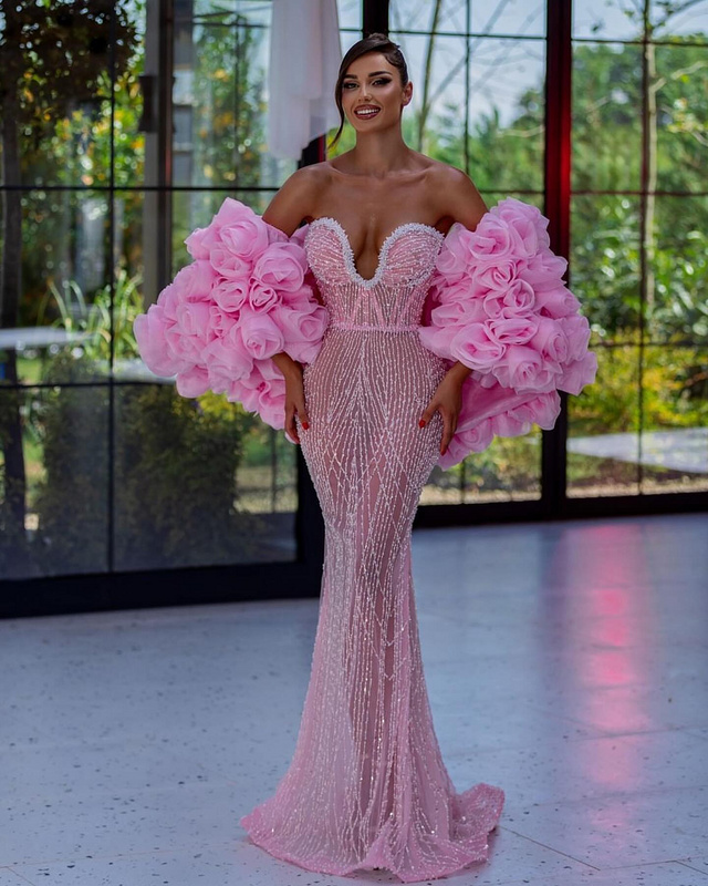 A9855   Pink Women Maxi Gown Dress Beaded Ladies Long Evening Dress