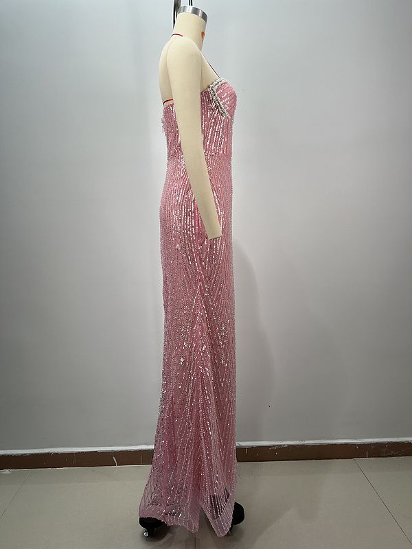 A9855   Pink Women Maxi Gown Dress Beaded Ladies Long Evening Dress