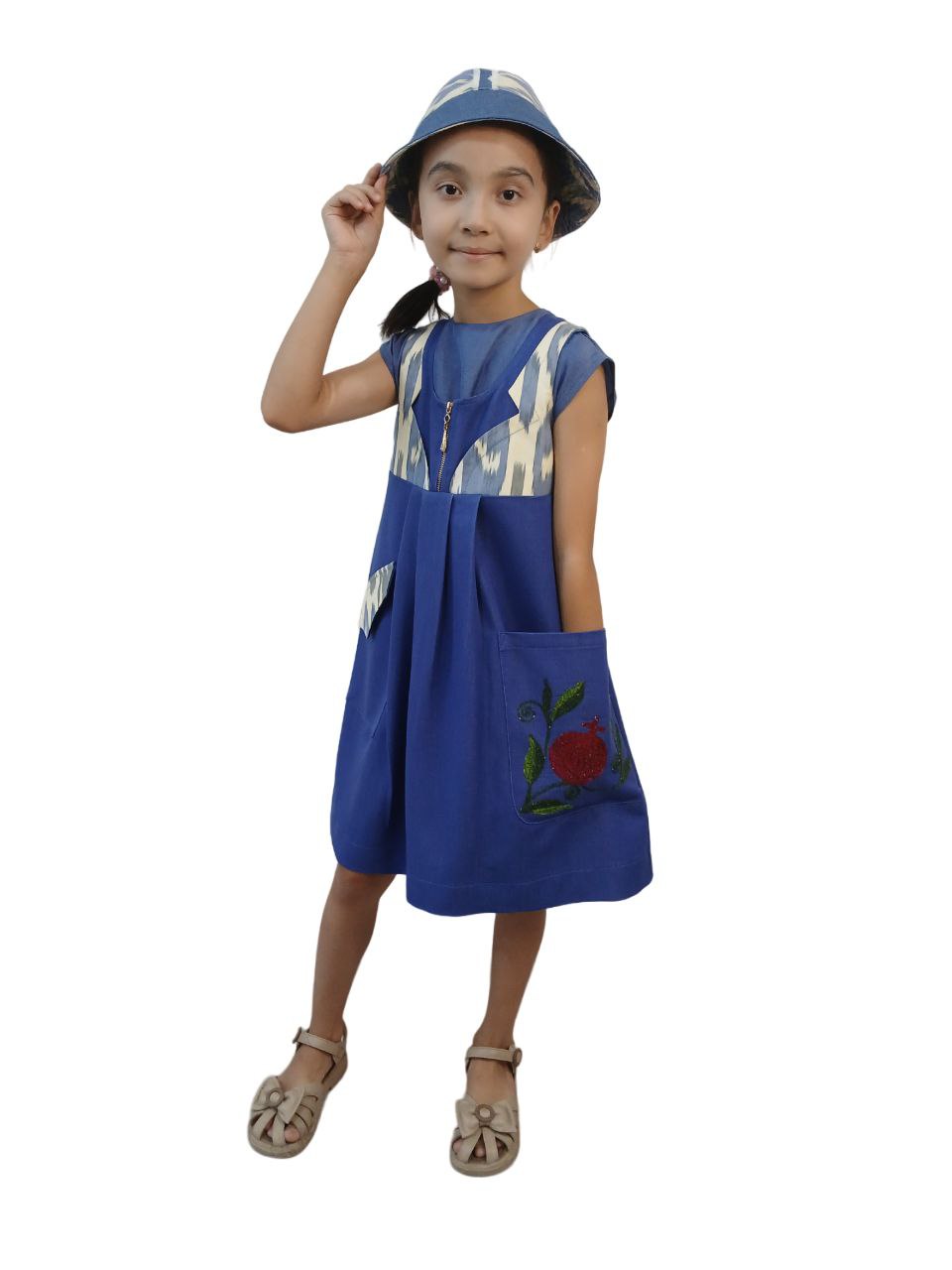 Handmade Designer Children's Set Girls Exclusive Ethnic Embroidery Sundress Asymmetrical Pockets Adras Fabric Inserts Combined