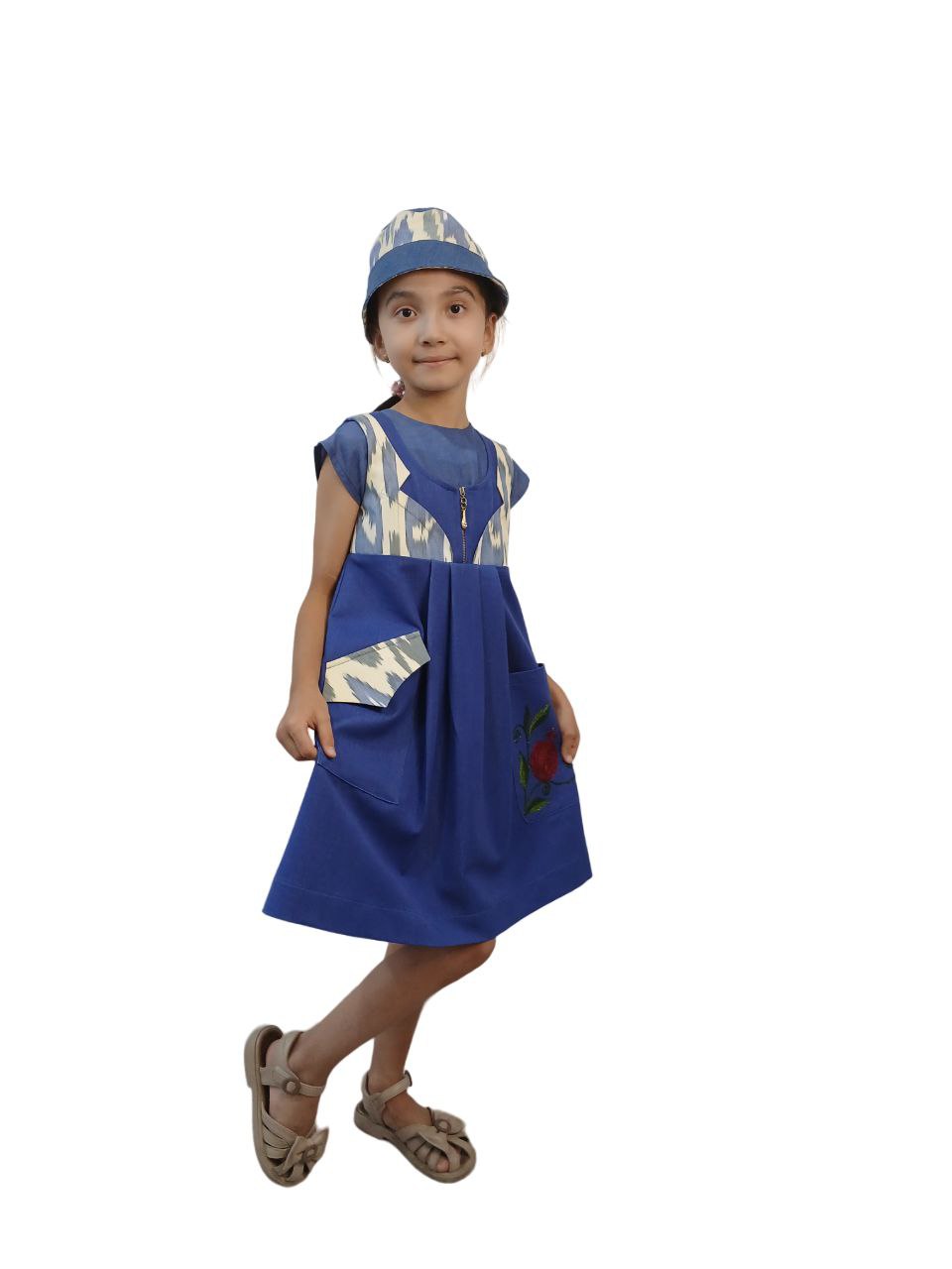 Handmade Designer Children's Set Girls Exclusive Ethnic Embroidery Sundress Asymmetrical Pockets Adras Fabric Inserts Combined